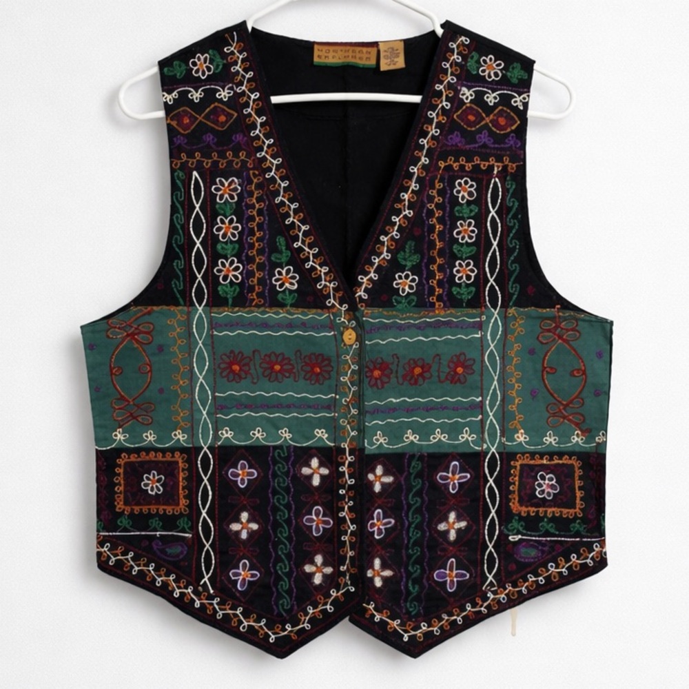 Vintage 90s Northern Explorer Embroidered Cotton Vest Medium Boho Folkcore